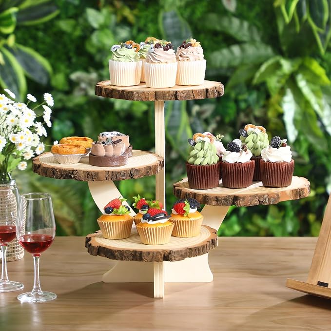 Chunful 4 Tier Round Natural Wood Cupcake Dessert Stand, Cup Cake Tower Stand Holder, Wooden Cake Display Tiered Centerpiece for Party, Birthday, Wedding, Baby Shower, Holiday Decoration