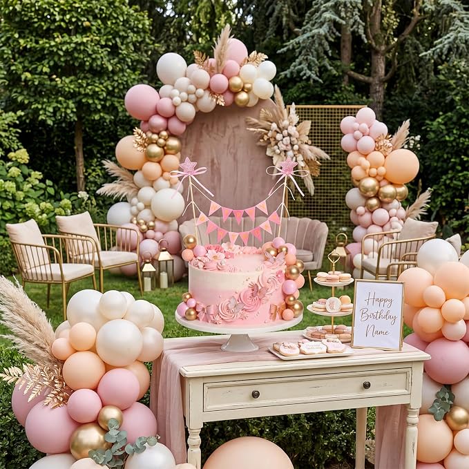 16 Pcs Happy Birthday Cake Topper Cake Bunting Topper Banner with Wood Pole Rainbow Garland with Bow Ribbon Balloon, Mini Cupcake Decor for Birthday Baby Shower (Pink,Gold)
