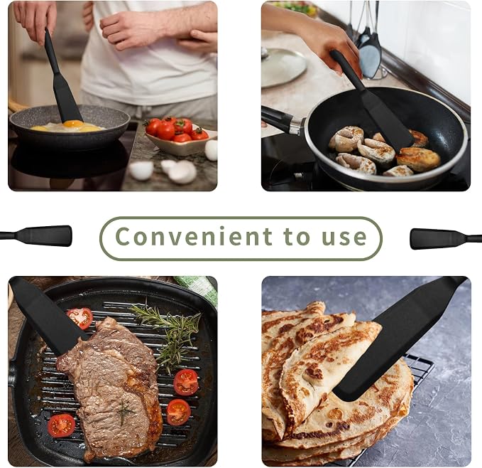 Dioycli Silicone Spatulas for Cooking Heat Resistant Pancake Spatula, Non Stick Long Omelette Spatula Turner Bpa Free 2 Pieces for Crepes Egg Burgers Pizza Cookie (Black)