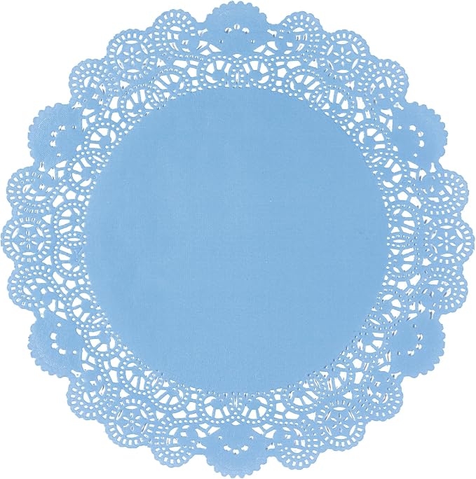 Pastry Tek 12 x 12 Inch Paper Lace Doilies, 100 Disposable Table Doilies - Elegant Lace Finish, Long Lasting, SkyBlue Paper Doily, for Pastries, Cupcakes, Desserts - Restaurantware