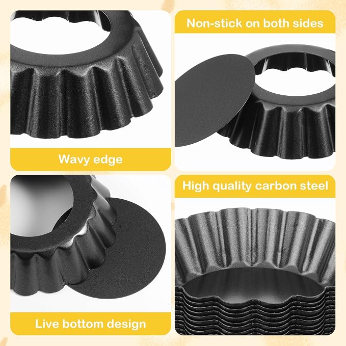 24 Pcs Mini Tart Pans with Removable Bottom, 3 Inch Round Nonstick Quiche Pan, Sturdy Carbon Steel Tart Molds for Baking Bakeware Mold Fluted Side for Tartlets Shells Desert Making