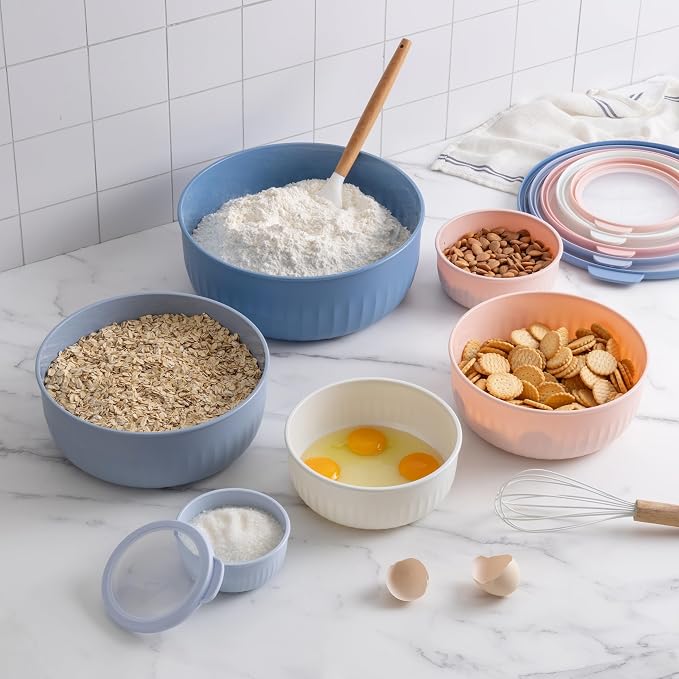 COOK WITH COLOR Prep Bowls with Lids- Wide and Deep Nesting Plastic Small Mixing Bowl Set with Lids, 12 Piece Set - Wide Bowls, Blue/Pink
