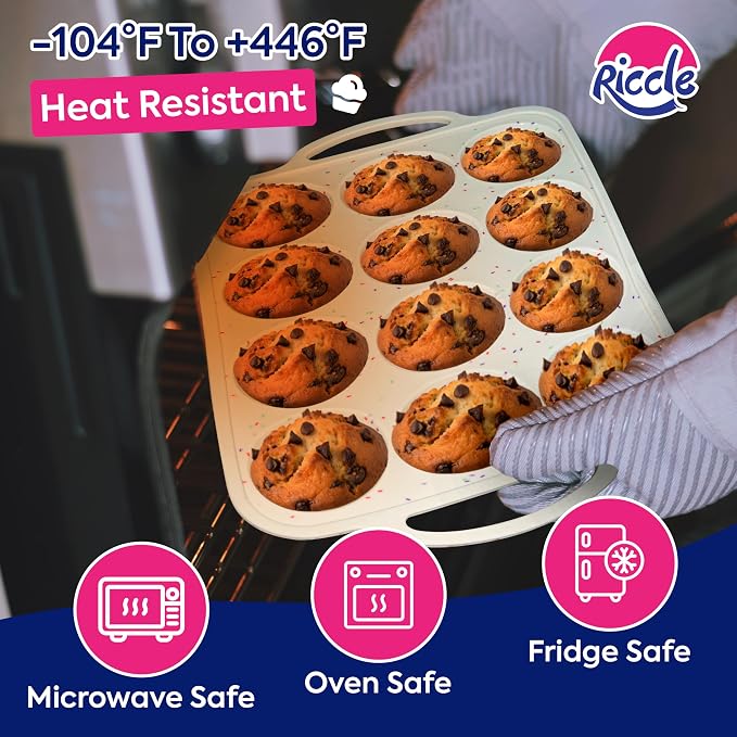 RICCLE Silicone Muffin Pans for Baking with Metal Reinforced Frame, 12-Cup Cupcake Pan, 2 Pcs Muffin Trays for Cupcake Baking, Tray Molds, Oven & Dishwasher Safe, BPA-Free (2 x Standard)