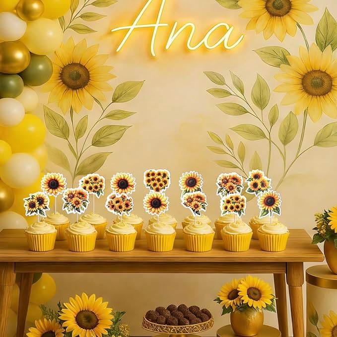 36 Pack Sunflower Cupcake Topper Double Sided Sunflower Cupcake Picks Decoration for Spring Summer Flower Theme Baby Shower Wedding Birthday Party Cake Decorations Supplies
