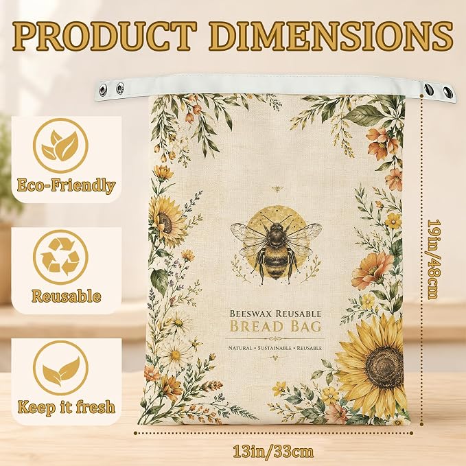 Bee Sunflower Bread Bags for Homemade Bread, Botanical Garden 2 Pack Linen and Beeswax Sourdough Storage Bags, Reusable Keeper, Keeps Breads Fresh Longer, Gifts for Bakers