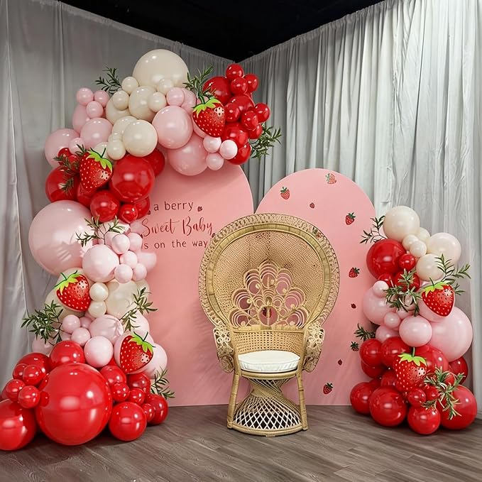 Strawberry Balloons Arch Garland Kit, 124Pcs Red and Pink Balloons with Strawberry Card for Sweet One Berry First Birthday Baby Shower Decorations