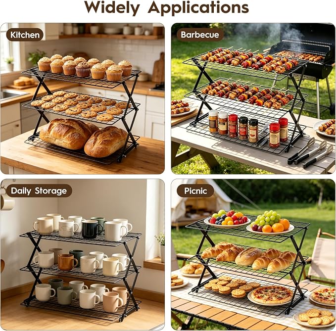 3-Tier Upgraded Stackable Cookie Cooling Rack-Collapsible Cooling Racks for Cooking And Baking Rack with Adjustable, Multifunctional Baking Cooling Rack for Cookies, Roasting, Countertop