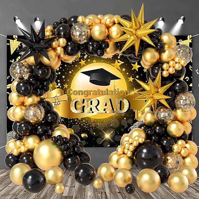 Bonropin Black and Gold Balloon Garland Arch Kit 158pcs with Black Gold Confetti Balloons, Star Foil Balloons, for Graduation New Year Anniversary Birthday Party Decorations