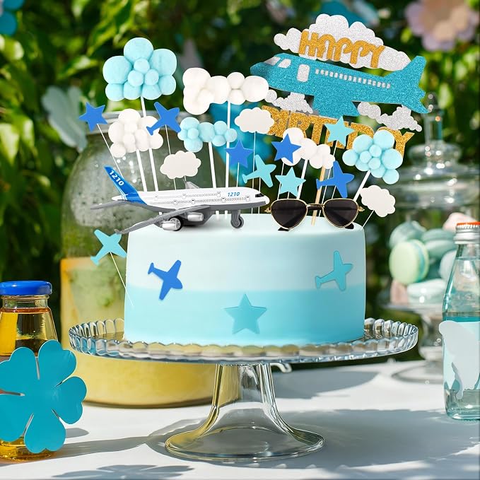 Hooqict 25Pcs Airplane Cake Decorations Set with Mini Plane, Blue White Cloud Happy Birthday Cake Toppers & Cupcake Toppers for Travel Themed Airplane Birthday Party Decorations Supplies