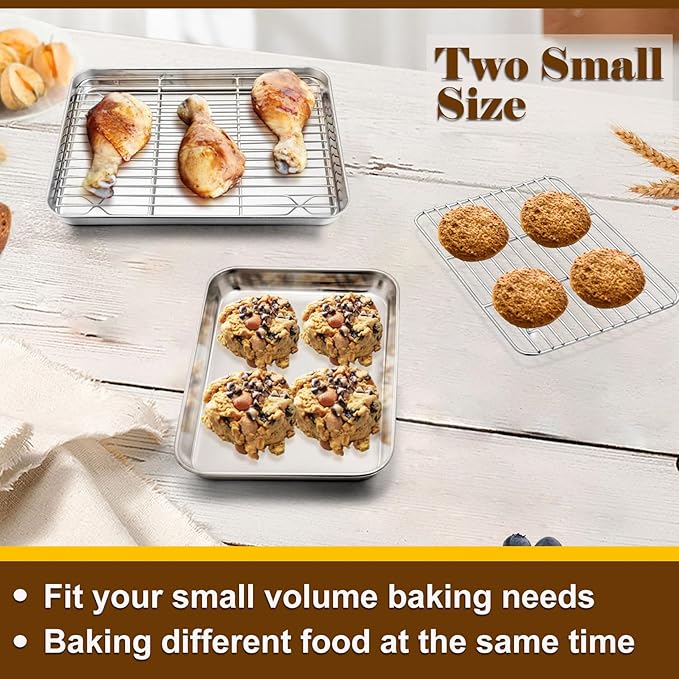 P&P CHEF 10.4 + 9 Inch Toaster Oven Pans with Racks, 4 Pieces Stainless Steel Oven Tray Baking Pan Sheet and Cooling Rack for Oven Cooking Roasting, Non Toxic & Dishwasher Safe