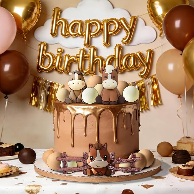 Horse Cake Topper, Cowboy Theme Cake Decorations with Fence and Ball (brown)