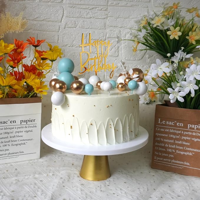 Blue Balls Cake Topper Boho Grass Cake Topper Blue White Gold Pearl Balls Happy Birthday Cake Decorations for Wedding Birthday Boho Themed Supplies (Blue)