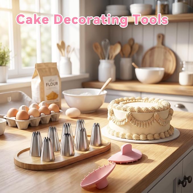Cake Decorating Kit - 2 Pcs Pink Cake Arch Guide Tool and 9 Pcs Large Piping Tips Set, Cake Ruffle Marker, Stainless Steel Cake Decorating Tips, Suitable for 6"-10" Cakes