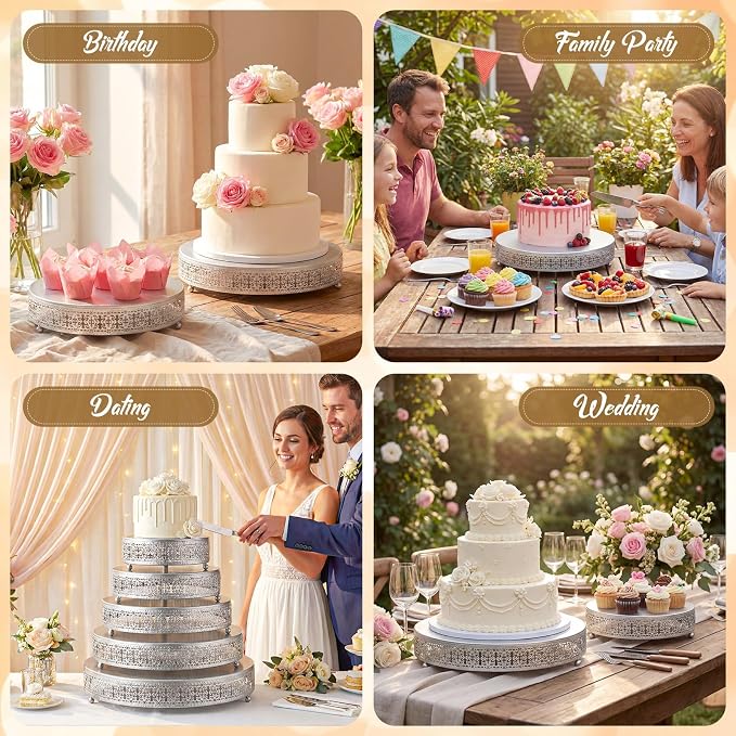 Wenqik 5 Pcs Metal Silver Cake Stand 16/14/12/10/8 Inch Round Cake Holder Display for Dessert Table Cookies Fruit Serving Tray Cupcake Pastry Riser for Wedding Birthday Party and Events