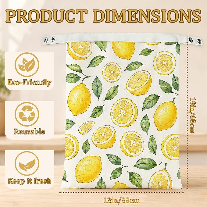 2 Pack Beeswax Linen Lemon Slices Bread Bags, Green Leaves Reusable Fresh Keeping Bags for Sourdough & Baguette, Freezable Portable Bread Storage Container 17×13''