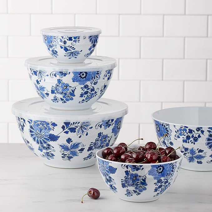 Amazon Basics Mixing Bowls with Lids, Nesting Melamine Serving Bowls, Non-Slip Base, BPA Free, Dishwasher Safe, 5 Sizes, Blue and White Floral, Set of 10