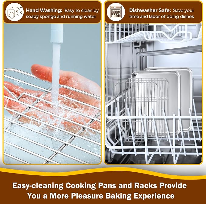 P&P CHEF 10.4 Inch Toaster Oven Pans with Racks, 4 Pieces Stainless Steel Oven Tray Baking Pan Sheet and Cooling Rack for Oven Cooking Roasting, Non Toxic & Dishwasher Safe