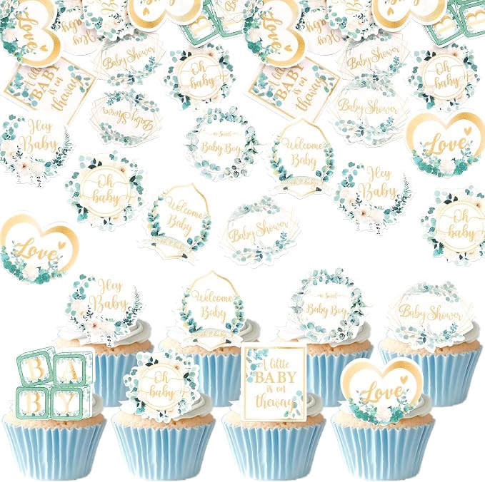 64 PCS Edible Oh Baby Cupcake Toppers Wafer Paper Love Baby Shower Cake Decorations Edible Baby in Bloom Welcome Baby Boy Cupcake Picks for Baby Shower Boys Birthday Party Decorations Supplies