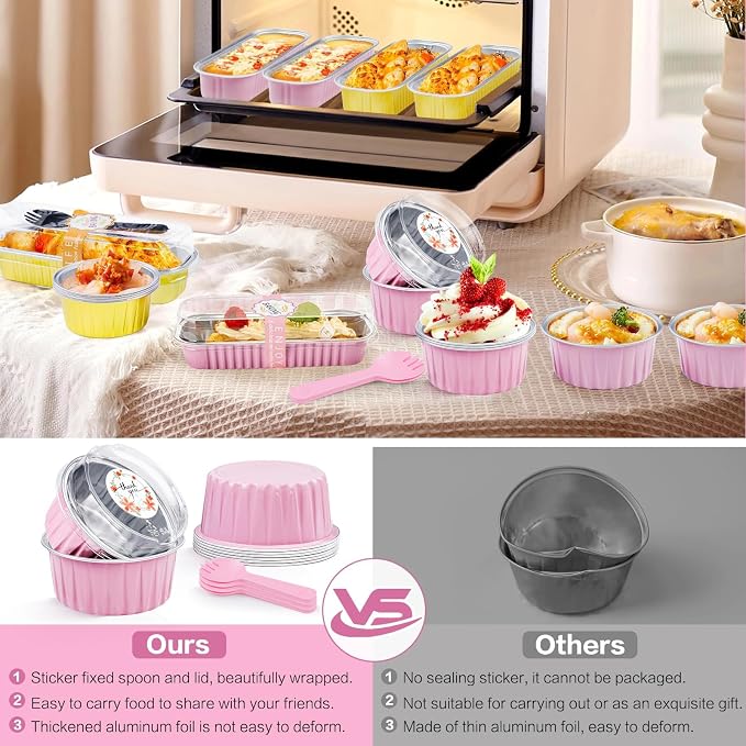 30Pcs Mini Cake Pans with Lids Aluminum Foil, ZOXILEN 5oz Disposable Mini Loaf pans with Lids and Spoons, Small Baking Cups Pie Tins Muffin Pan Cheesecake Containers for Party Pink Round