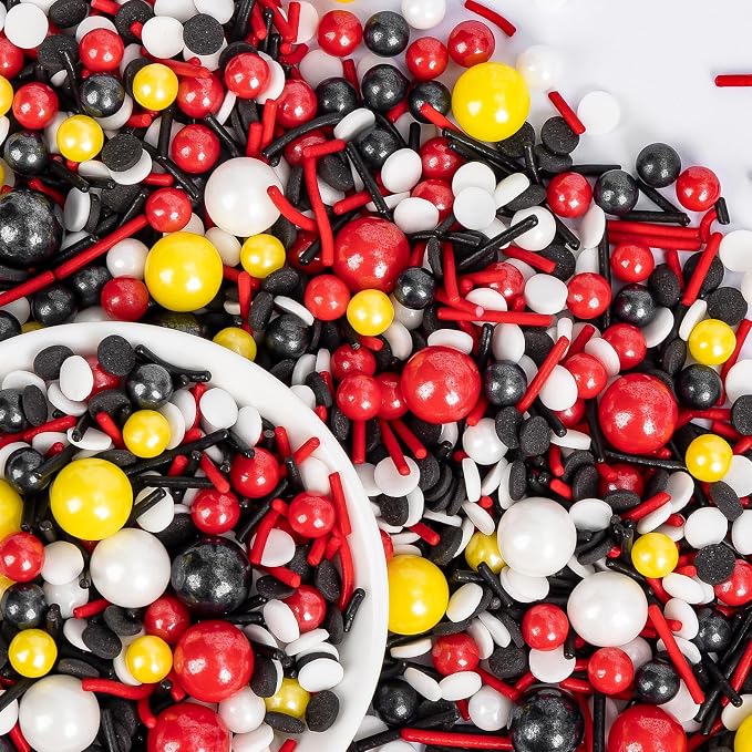 Edible Mouse Sprinkles,Edible Black White Red and Yellow Pearls Jimmies,and Round Confetti Sprinkles for Cake Decorating,130g,Cupcakes Cookie Donuts Ice Cream Toppers,Themed Desserts,Birthday,Children's Party Supplies