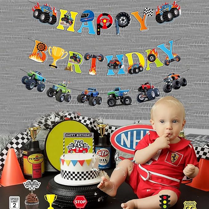 Zwiebeco Trucks Off-road Vehicles Happy Birthday Party Decoration Banner Hanging Paper Sign for Kids Adults Racing Themed Accessories Supplies