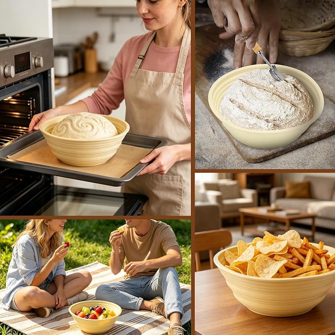 4PCS Silicone Banneton Bread Proofing Baskets, 9" Collapsible Round Sourdough Bread Baking Supplies, Non-Stick Dough Proofing Bowl Containers, Oven & Dishwasher Safe, BPA Free