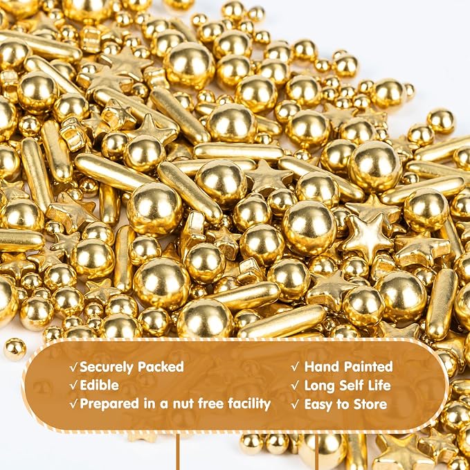 Edible Gold Pearl Star Rod Sprinkles 130g,Luxury Metallic Gold Confetti for Cake Decorating,for Wedding Christmas New Year Anniversary Bridal Shower Birthday Party Dessert Toppings