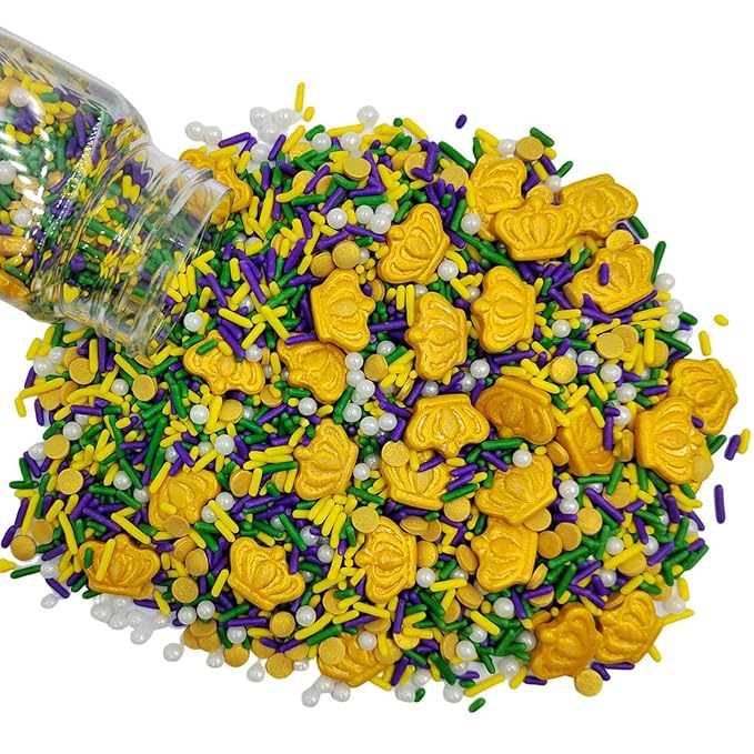 Sentovac Purple Yellow Green Sprinkles Mardi Gras Day Edible Jimmies Gold King Sprinkle for Cake Decorating Candy Cupcake Cake Topper Cookie Baking Decorations Supplies