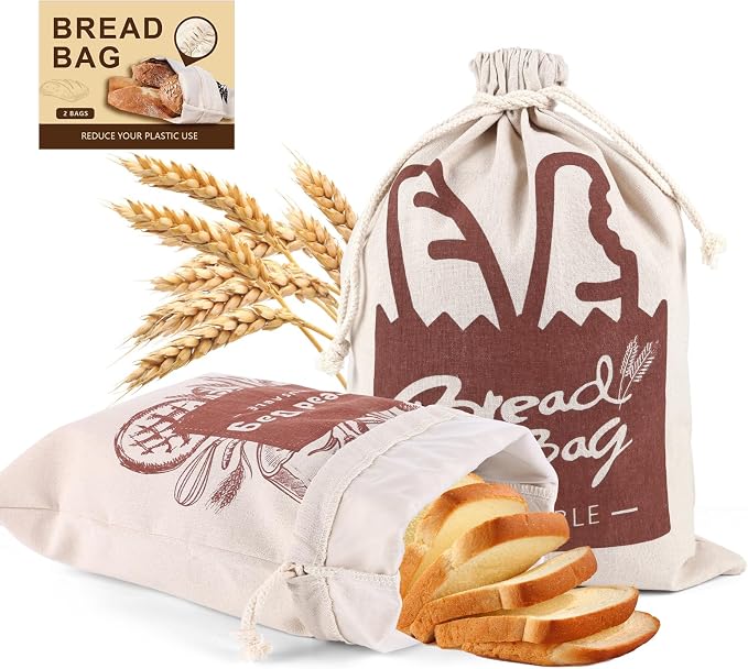 Bread Bags, 2 Pack Bread Bags Reusable Linen with Plastic Lining, Large 17“×13”Homemade Loaf Storage Bags Bread Box for Artisan Bread, Round Loaf, Sourdough