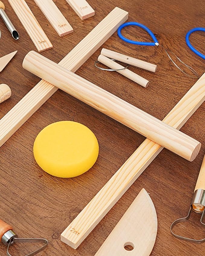 eZAKKA Pottery Teaching Rolling Mud Stick Guide, Wooden Clay Pottery for Clay Tools, 15.3inch Pottery Tools with Clay Slab Roller & Clay Guides Sticks, 10+1Pcs