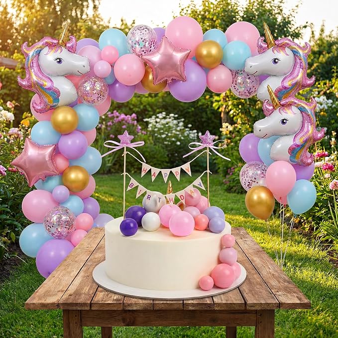 31 Pcs Happy Birthday Cake Topper Cake Bunting Topper Banner with Wood Pole Rainbow Garland with Bow Ribbon Balloon, Mini Cupcake Decor for Birthday Baby Shower (Purple,Pink,Blue)