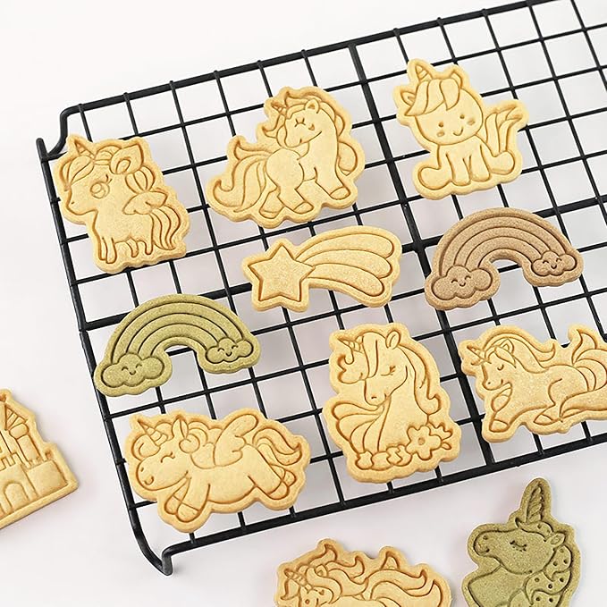 Unicorn Cookie Cutters with Cookie Stamps 8 Pcs Rainbow Castle Cookie Molds for Girls Birthday Party (Unicorn B)