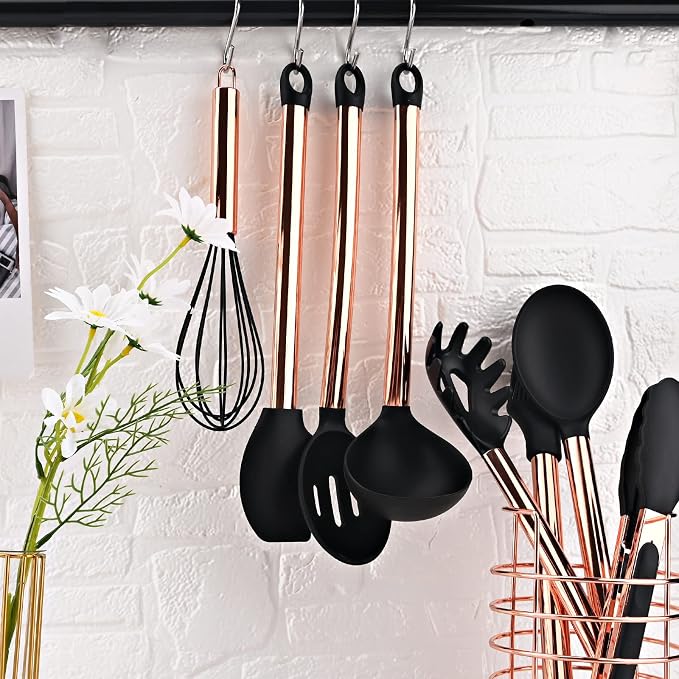 1pc Black & Copper Silicone Slotted Spoons Cooking Large Serving Spoon, Heat Resistant Cooking Utensils for Kitchen Cooking Baking Stirring Mixing Tools