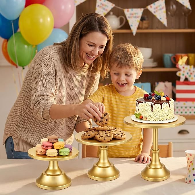 3 Pack Gold Cake Stand, 8 10 12 Inch Tiered Display | Metal build, Pedestal base, Dessert table, Wedding reception, Birthday party, Baby shower, Candy bar, Buffet setup