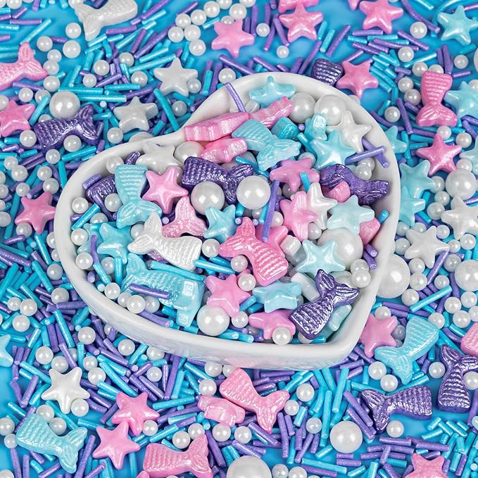 Mermaid Sprinkles,Edible Sugar Pearl Stars Jimmies Mix,130g/4.58oz,Pearl Candy Ocean Sprinkle for Cake Decorating,Summer Baking Fun Decorations,Perfect for Ice Cream,Cookies,Dessert,Donuts,Cupcake Topper,Birthday Children Party Supplies