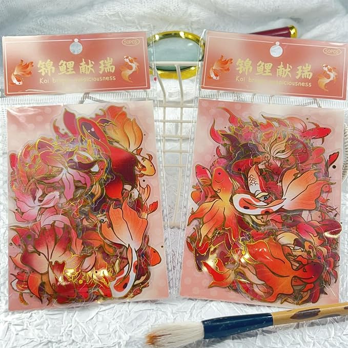 Goldfish Stickers with Gold Holographic Outlines, 50Pcs Glitter Shiny Koi Waterproof Decorative Decals for Scrapbooking Supplies Junk Journal Bullet Journals Planners (colourful-B13)