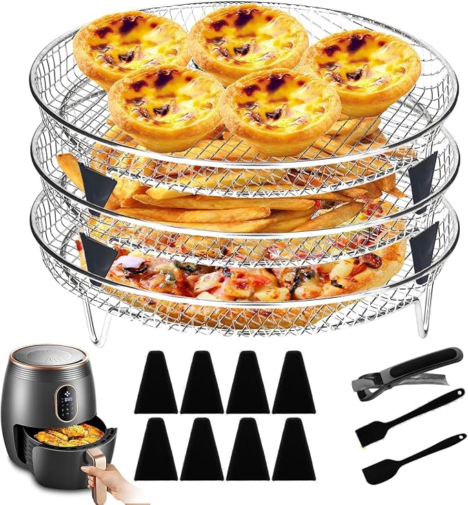 3 layer Square Air Fryer Rack, Stainless Steel Dehydrator, Air Stainless Steel Dehydrator Grill Enhanced Airflow Design Air Fryer Rack for Chicken Wings Vegetables Dual Cakes (Circle Set)