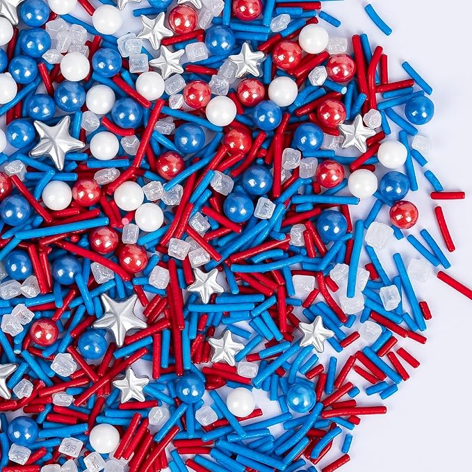 Edible Patriotic Sprinkles for Cake Decorating,130g,July 4th Pearl Sprinkle for Baking Decorations,Blue Red and White Pearls Jimmies,Silver Star and Sugar Crystals Mix,Cookies,Ice Cream,Fondant Cake,Cupcakes,Desserts,Memorial Day,Flag Day,Juneteenth,In...