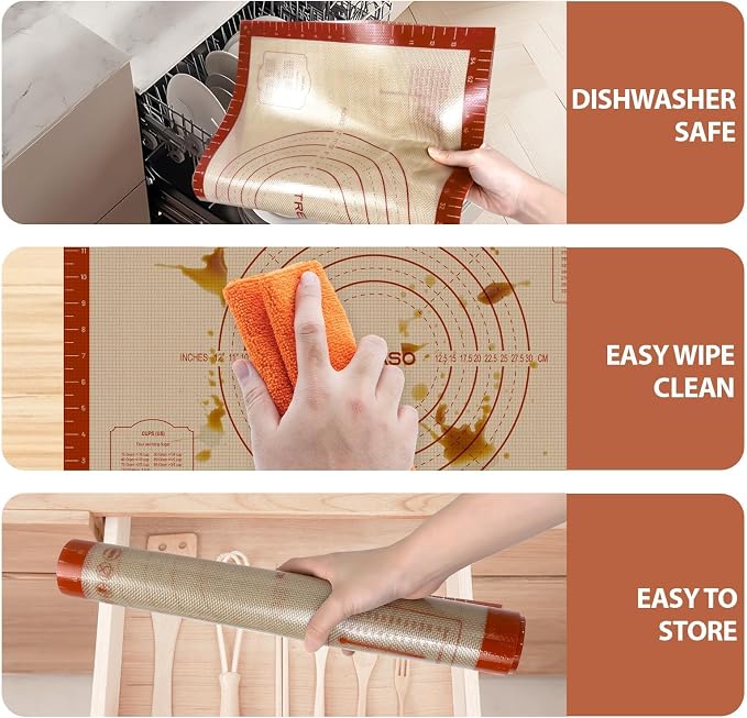 Silicone Pastry Mat, 16" x 24" Silicone Baking Mat for Counter Rolling Dough, Reusable Non-Stick Extra Large Dough Mat with Measurement for Pie Crust, Pizza and Cookies