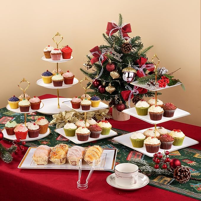 Lzerking 13pcs Dessert Table Display Set, 6 3-Tiered Cupcake Stands (3round & 3square) with 4 Trays & 3 Tongs, White Gold Plastic for Wedding, Tea Party, Baby Shower Decor, Birthday Party Decoration