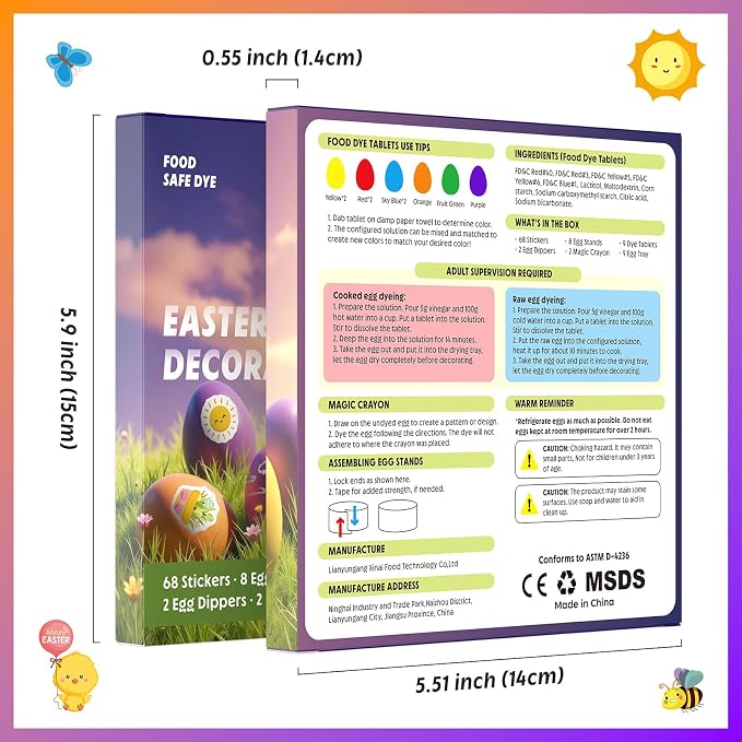 Easter Egg Decorating Kit with 9 Food Coloring Dye Tablets, 68 Stickers, Magic Crayons & 9 Egg Stands | Non-Toxic, Edible Food Dye DIY Craft Set for Easter Celebrations & Party Supplies