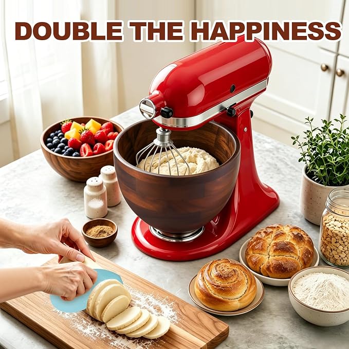 Premium Acacia Wooden Mixing Bowl for K45 & KSM150 Series, 4.5&5 Qt Tilt-Head Models, Natural Wood Bowl with Stainless Steel Precision Locking Base for Kitchen Aid Mixers(Acacia)