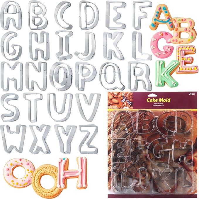 ofone Large Alphabet Cookie Cutters(A - Z), 3 Inch Stainless Steel Fondant Letter Cutters Shapes, 26 Pcs Abc Biscuit Cutter Set for Baking Dough Cakes Pastry Fruits