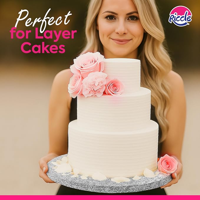 RICCLE Cake Boards - 12 Inch Cake Drum - Smooth-Edged Pack of 6 Cake Drums - Sturdy Cake Boards Round - Bend Resistant Multi-Layered Cake Base for Minimalist Displays (Silver)