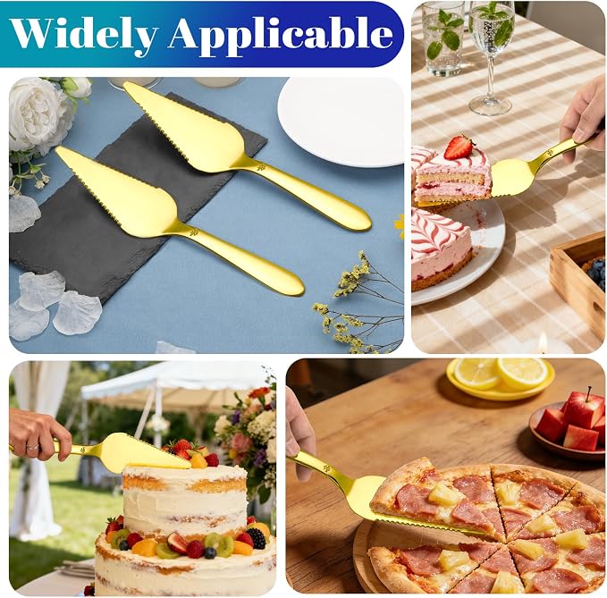 Eisinly Cake Pie Server Set for Wedding, Elegant Pizza Slicer Server Set with Stainless Steel Big Serrated Edges, Cake Cutter Pie Spatula for Birthday Anniversary, 2 Pcs, Gold