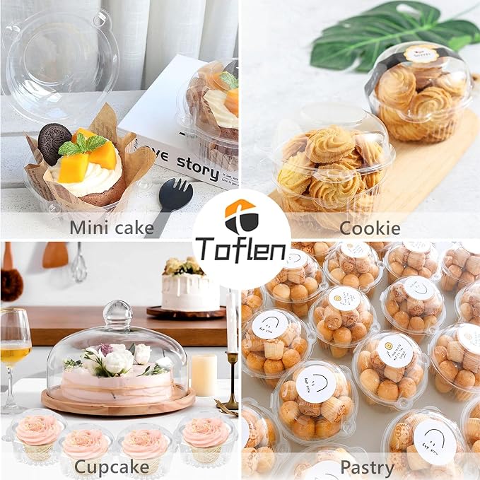 TOFLEN 50ct Cupcake Holders Individual Cupcake Containers, Disposable Clear Plastic Single Cupcake Carrier with Dome Lid for Dessert To-Go, Muffin, Cheesecake, Pastries