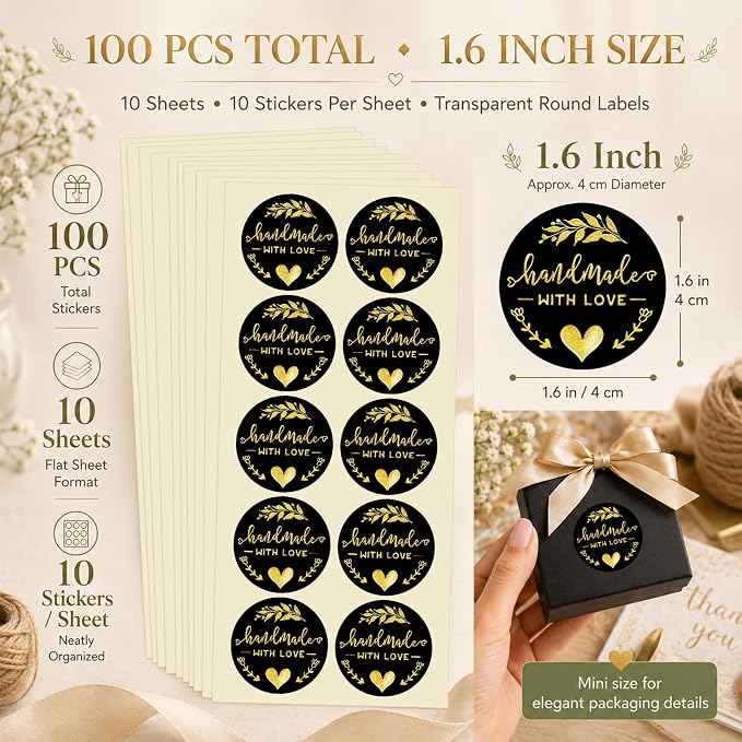 100PCS Handmade with Love Stickers, Black Gold Foil Labels for Small Business Packaging, Bakery Cookies, Gift Wrapping, Candy Table, Wedding Baby Shower Party Favor Stickers.1.6 inch (Black+Gold)