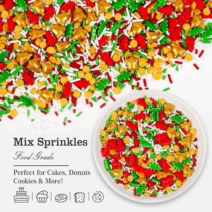 Edible Jimmies Sprinkles for Cake Decorating, 150g/5.29oz, Green & Red Tree Sprinkles, Gold Bell Yellow Nonpareils & White Sugar Mix, Cookies Cupcake Decorations, Baking Party Birthday Supplies