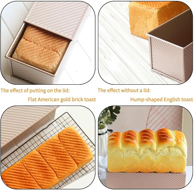 Pullman Loaf Pan with Lid Non-Stick Toast Mold Rectangle Corrugated Bread Cake Oblong Mould with Cover for Oven Baking (2.2Lb Dough Capacity)