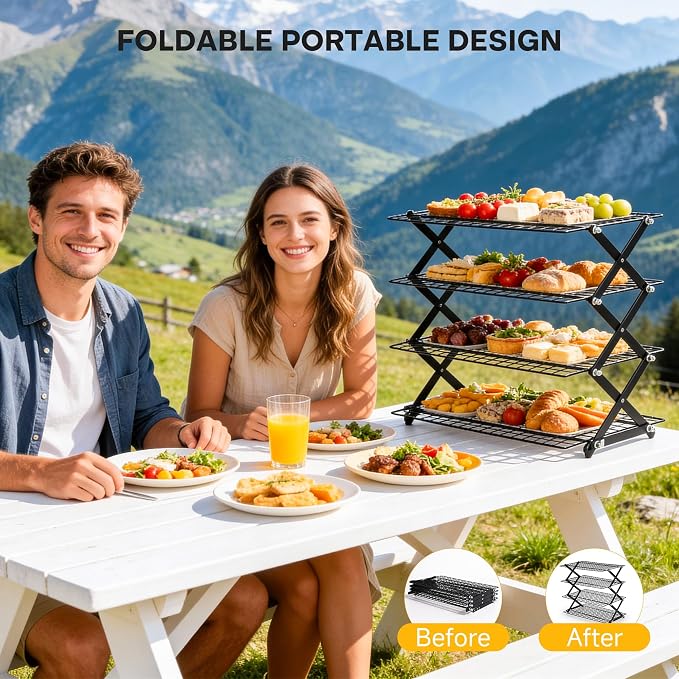 4-Tier Collapsible Stainless Steel Cooling Rack, Stackable Wire Drying Rack | Aguegro Adjustable Multi-Layer Cooling Grid for Cookies, Cakes, Roast Meat, Barbecue,Baking& Food Drying